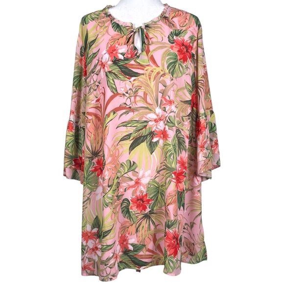 J.Jill Seashell Paradise Found Floral Tunic Top Dress Size 2X Bell Sleeve Pink - Picture 5 of 16